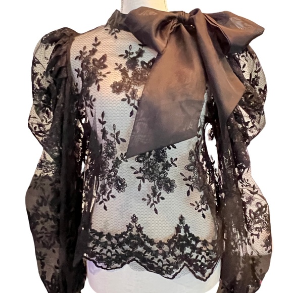 N BY NANCY Tops - # A078   N by Nancy Black Vintage Sheer Lace Top, Oversized bow, NWOT  M